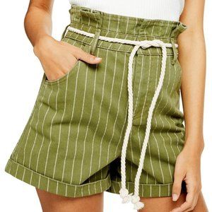 TOPSHOP Stripe Rope Belt Green Paperbag Shorts